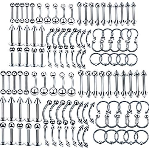 Multi Piercing Set 120x Edelstahl silber Mix Körperschmuck Studs Barbells Silber Bananabells für Ohr Lippe Nase Zunge Bauchnabel Augenbrauen Nippel Piercing Ring Punk 1.2 * 8mm,1.2 * 10