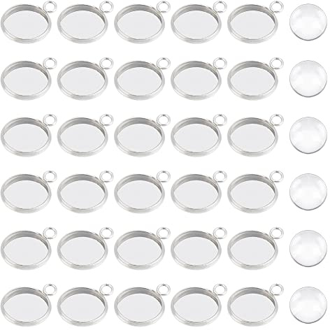 UNICRAFTALE 60 Set 12 mm flach, rundes Tablett für Charms und Lünettenanhänger, 304 Edelstahl, Cabochon-Einstellungen und Klar Glas