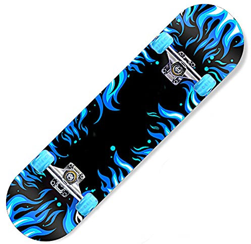 31 Komplettes Skateboard mit bunten PU-Blinkrädern, 9 Lagen Canadian Maple Wood Deck Skateboard Double Kick Trick Board für Kinder Teenager & Erwachsene Anfänger,Blau
