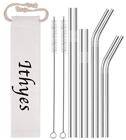Ithyes Cannucce riutilizzabili in acciaio inox, lunghe cannucce in metallo, spazzola per la pulizia, lavabili, adatte per succhi e bevande, set da 10, 265 mm/215 mm (argento)