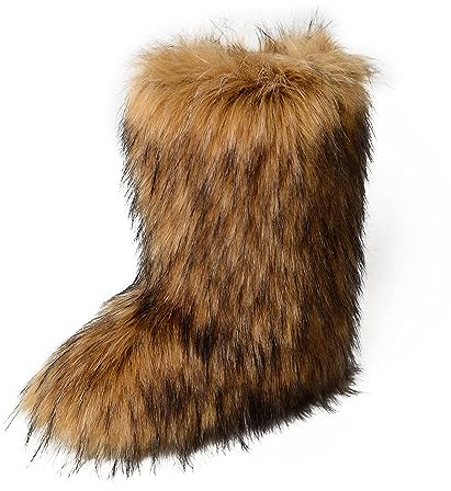 ZOSCGJMY Faux Fur Boots for Women Fuzzy Fluffy Furry Round Toe Suede Winter Snow Boots Flat Shoes