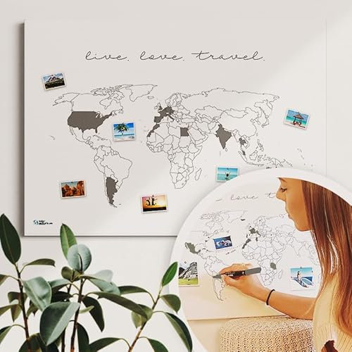 Weltkarte live.love.travel. - Weltkarte Pinnwand - Tolles Geschenk - Nachhaltig, handmade in Germany, ultralanglebig (Keilrahmen, 60x40cm)