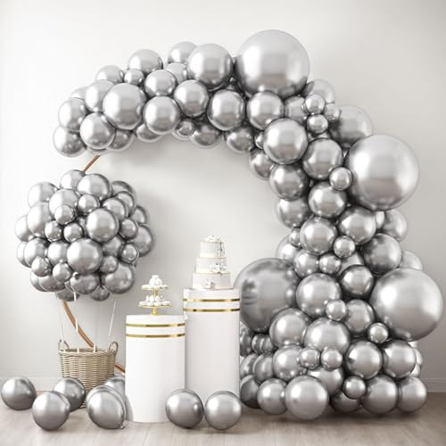 SANERYI Silber Ballons Girlande 100 StüCk Luftballons Silberne Verschiedene GrößEn Metallic Latex Metallballon für Geburtstag Hochzeit Graduierung Babydusche Party Deko (18 10 5 Zoll)