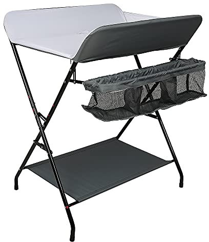 THINFAR Table à langer pliante, table à langer avec panier de rangement, ceinture de sécurité, réglable en hauteur 79 * 55.5 * 96cm (B/Gris-blanc)