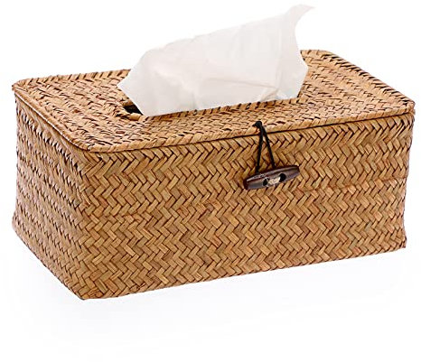 SUMNACON Rechteckige Seegras-Kosmetiktuchbox für den Haushalt dekorativer gewebter Papierhalter Karamellen Rattan Taschentuchbox Hausdekoration für Badezimmer Wohnzimmer Büro Restaurant Handarbeiten