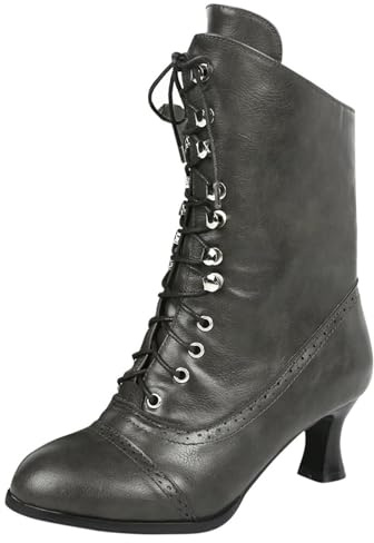 SOOUICKER Botas de media pantorrilla con cordones para mujer, ajuste ancho, estilo gótico, steampunk, con tacón, gris, 41 EU