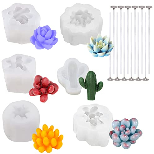 6Stück Kerzenform Saftige Kaktus Kerzen, 3D DIY Silikonform Kerzen-Gießen Formen Handgemachte für Bastel Ornamente, DIY Duftkerze, Pudding, Seife, Antihaft Silikon Kerzenformen mit 12 Kerzendocht