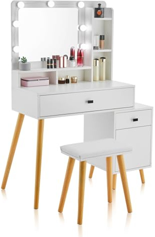 CLIPOP Schminktisch mit Hollywood LED Spiegel,Licht Verstellbare Helligkeit,Frisiertisch Gepolsterter Hocker Set Weiß,Kosmetiktisch aus Holz mit Schublade und Aufbewahrungsschrank