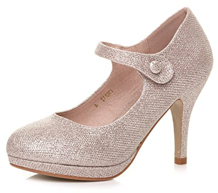 AJVANI Dam damer medelhög klack Mary Jane kväll arbetsplattform brud fest bal court skor storlek., Roséguld skimmer, 39 EU