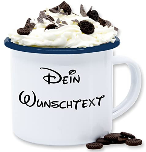 Emaille Tasse Blechtasse - Aufdruck selbst gestalten - Wunschtext I Geschenk mit eigenem Text personalisiert - 300 ml - Weiß Blau - tassen personalisieren personalisierte name kaffeebecher