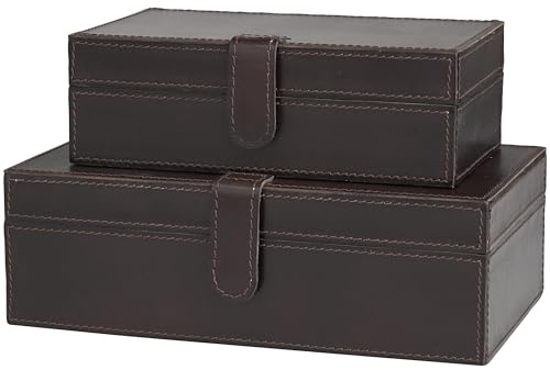 Deco 79 Leather Handmade Decorative Box Storage Decorative Keepsake Boxes with Snap Front Closure and Detailed Stitching, Set of 2 Storage Boxes 10, 8W, Dark Brown