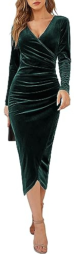 CheChury Damen Winterkleid Elegant Retro Kleider Winter Samtkleid Damen Cocktailkleid V-Ausschnitt Kleid Langarm Festliche Kleider für Hochzeit Vintage Kleid Abendkleider Silvester Kleid,Grün,S