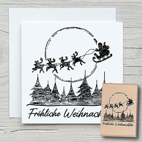 NEWSTAMPS Stempel Fröhliche Weihnachten Wald Motivstempel groß aus Holz & Gummi zum Karten und Geschenke basteln, Holzstempel für Weihnachten, Weihnachtskarte, Scrapbook, Textilstempel, Deko, Kinder
