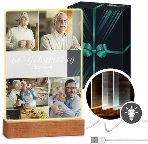Maverton beleuchteter LED-Rahmen mit Holzständer - personalisiertes Acryl Glasbild mit eigenem Foto mit LED-Beleuchtung - Glasfoto für Männer zum Geburtstag - Größe: 15x24x4,5cm - 60. Geburtstag