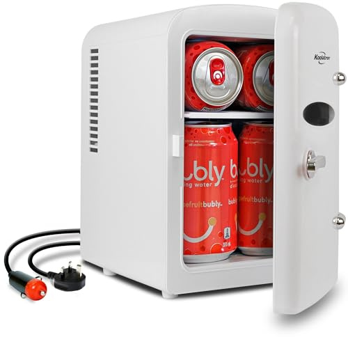 Koolatron Retro Mini Fridge For Bedrooms 4L Small 6 Can Table Top 12V Portable Cooler Refrigerator Quiet Mini Fridges For Skincare Food Drinks Kids Home Car & Travel White