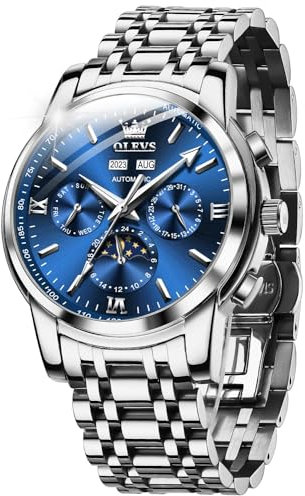 OUPINKE Herrenuhr Automatik Mechanische Armbanduhr Blau Zifferblatt mit Mondphase Wasserdicht Luminous Tag Datum Silber Edelstahlarmband