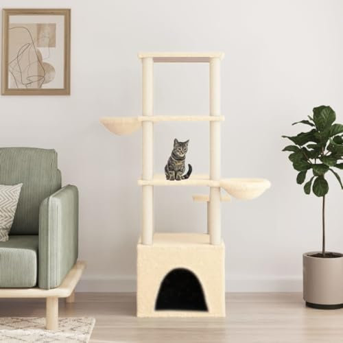 BaraSh Kratzbaum mit Sisal-Kratzsäulen Creme 147 cm KuschelhöHle Katze Kratzbrett Ecke