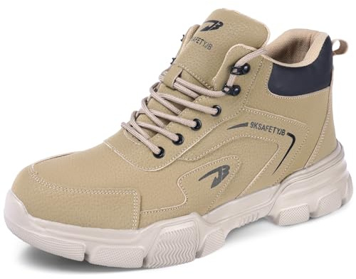 OFFCUP Sicherheitsschuhe Herren Damen, Wasserdicht Stahlkappe Arbeitsschuhe, Schnittschutzstiefel, Rutschfeste Leicht Knöchelhoch Leder Sicherheitsschuhe Khaki Größe 44