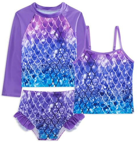 Belovecol Maillot de Bain 3 pièces pour Filles Rashguard Tankini à Manches Longues UPF 50+ Maillot de Bain imprimé sirène Violet 6-7 Ans
