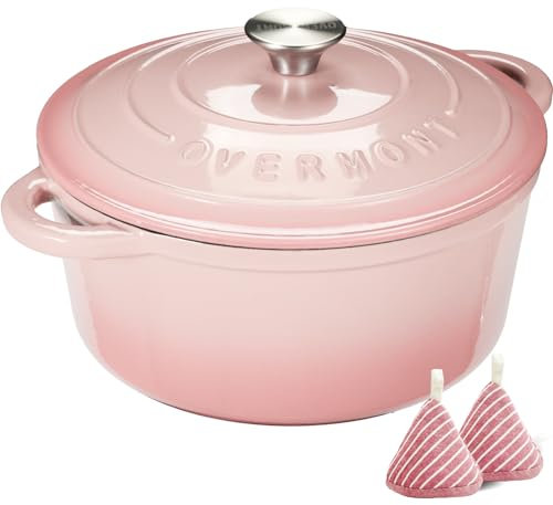 Overmont Cocotte en Fonte Émaillée - Ø24 cm Casserole Antiadhésive Avec Couvercle et Maniques en Coton - Batterie de Cuisine Robuste pour Braiser Ragoûts Rôtir Pain - Rose pastel