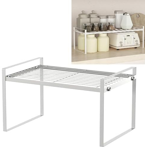 DAKLUNAR Küchenschrank Organizer, 33 x 21 x 18,5cm, Weiß, Metall, Gestuftes Regal, Rutschfest, 25kg Tragfähigkeit, Küche, Bad, Wohnzimmer, Geschirr