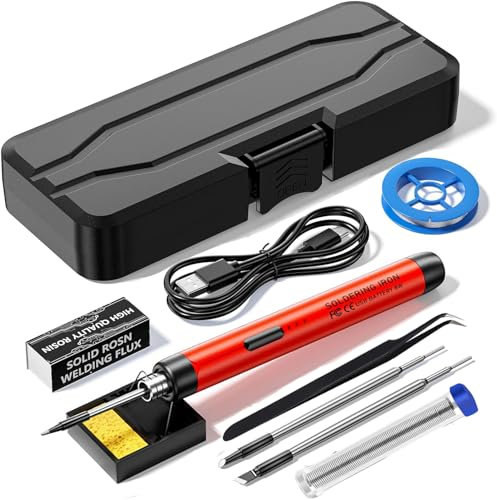 Mini Cordless Soldering Iron Kit,USB Wireless Electric Soldering Iron Pen 10-in-1,3 Temperature Adjustment,Portable and Rechargeable for Home Appliance Repair,Electronic Components,DIY (Red)…