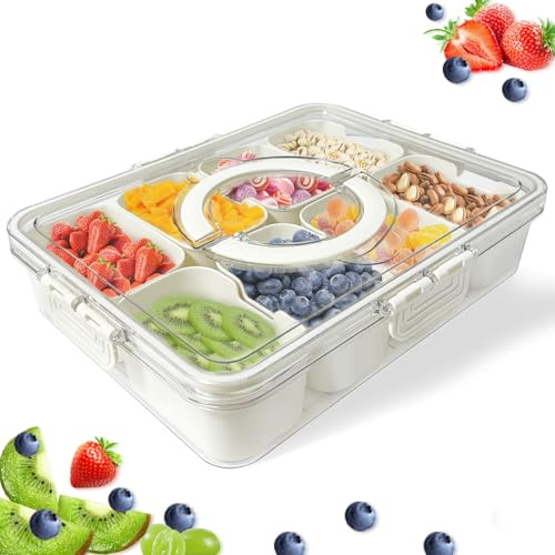 mauepersu Snackschale, Snackbox mit Deckel, Kinder Obstbox, Snackschalen & Dipschalen mit Tablett,Küche Gewürze Box mit 8 Fächern für verschiedene Gewürze und Früchte,Ideal für Familien und Picknicks