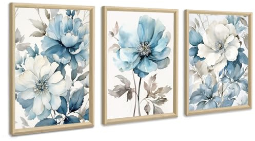 3 Pcs Leinwandbilder Bilder mit Rahmen Graue und blaue Blumen Tinte bild auf leinwand Wandkunst Modern Wandbilder Kunstdruck Deko für Wohnzimmer Schlafzimmer fertig zum Aufhängen 30x40x3 Pcs