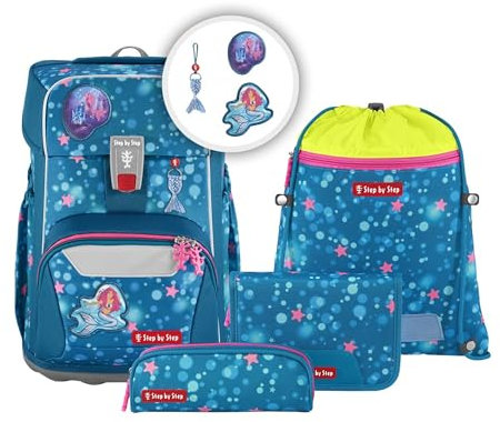 Step by Step Giant Schulranzen-Set „Mermaid Lola“, 5-teilig, blau, ergonomischer Tornister mit Reflektoren, höhenverstellbar mit Hüft- und Brustgurt, für Mädchen ab der 1. Klasse, 23 Liter