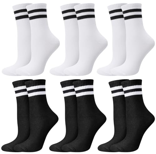 Utensilsto 6 Paar Tennissocken Herren Damen 38-42, Sportsocken mit Streifen Baumwolle Sport Crew Socken Laufsocken für Männer Frauen Lauf Tennis Sport Freizeit Alltag (Schwarz Weiß)