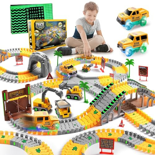 Autorennbahn ab 3 4 5 6 7 8 Jahre, 264 Stück 5 Cars Bagger Spielzeug Autorennbahn Rennbahn 2 Glow Elektroautos,3 Bauwagen,Flexibles DIY Gleis-Set Flexible Track Kran Spiele (Rennbahn)