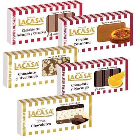 Surtido Turrones Lacasa: 5 tabletas de turrón variadas: Duro, Chocolate blanco con tequi mango, Chocolate y trufa, Nata y fresa y Tres chocolates