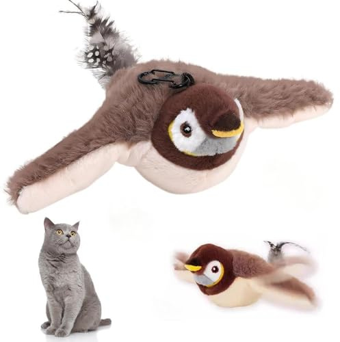 SKIKHN Katzenspielzeug Vogel, Interaktiver katzenspielzeug, Elektrisches Vogelspielzeug für Katzen, Wiederaufladbar, Flapping Bird Cat Toy Mit Sound, für Kleine Große Katzen (Braun)