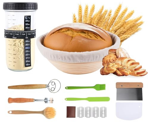 Sourdough Starter Kit,9 Inch Round Banneton Bread Proofing Basket Set with Glass Starter Jar,Dough Scraper, Dough Whisk,Baking Supplies for Home Bakers