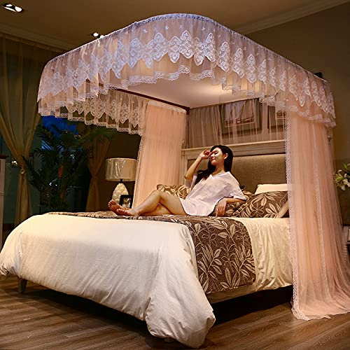PYCJNFC Bettvorhang Für Doppelbett, Betthimmel Elegante Schiebevorhänge Mit Spitzenkante, U-Design-Schiene, Zelt Für Schlafzimmerdekorativ,Rosa,1,8 * 2M