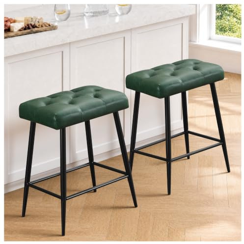 STOOLINK Barstuhl 2er Set mit Mikrofaser-Leder, Retro Barhocker mit Fußstütze, Tresenhocker 62.5-65 cm hoch, Getuftet Küchenhocker Ohne Lehne Leicht zu Reinigen für Küche, Esszimmer, Bistro -Grün