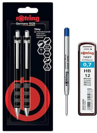rOtring Tikky Druckbleistift- und Kugelschreiber-Set, HB-Mine, 0,7 mm Bleistift, mittlere Spitze, schwarzer Schaft, Set mit zusätzlichen Ersatzminen