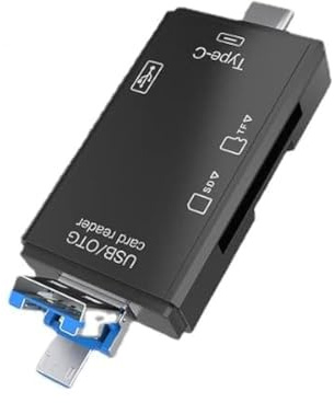 6-in-1 Card Reader with Type-C and Micro USB Connectors – SD/Micro SD Memory Adapter for Laptops, Tablets, and Smartphones (Black)