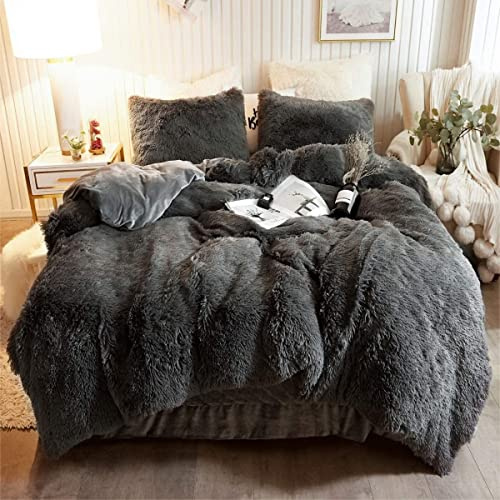 Teddy Fleece Bedding Set, Snuggle Cuddle Hugg Snug Sherpa Duvet Cover with Pillowcase – Super Soft, Fluffy & Warm Thermal Winter Bed Set – Cozy Plush Blanket Feel (Charcoal, double)