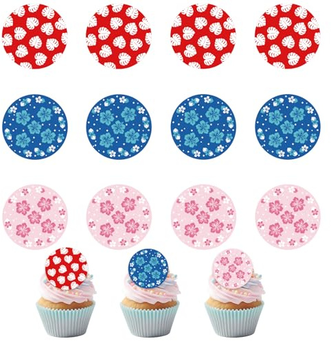 15stk Rund Essbare Cupcake Topper, 5cm Vorgeschnittene Oblatenpapier für Torten Dekorationen Hawaii-Stil Hibiskus und Blatt Geburtstags Cartoon Dekor für Hawaii Party (3 Stile)