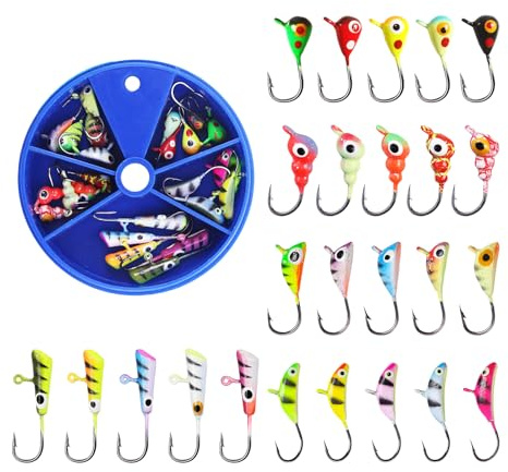 FVPKYUR Señuelos de pesca – 25 cabezas que brillan en la oscuridad – Juego para pesca en hielo con jigs y cebos flotantes – para hombres pescadores trucha bagre pez pez agua salada Kayak pesca con