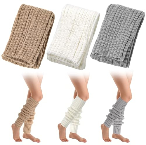 HOCUCHELAND 3 Paar Stulpen Damen, Winter Strick-Acryl Langer Leg Warmers, Komfortabel Weich Beinstulpen, Modisch Vielseitig Beinwärmer für Damen, Winter Accessoires, Alltagsleben (Grau, Weiß, Khaki)