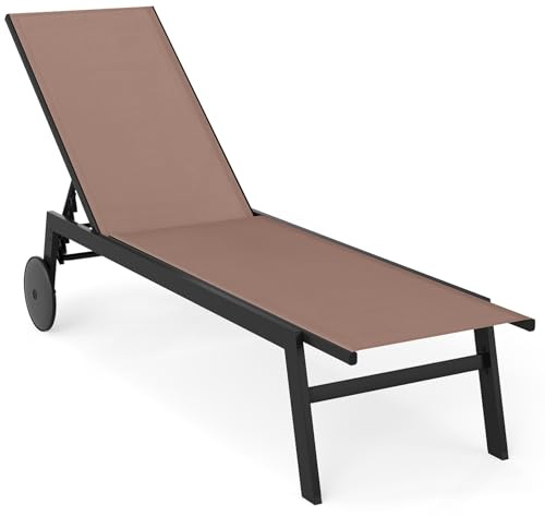 COSTWAY Sonnenliege mit Rollen, Gartenliege mit Verstellbarer Rückenlehne und schnelltrocknendem Stoff, Rollliege bis 150kg belastbar, Liegestuhl für Garten, Balkon, Terrasse (Braun)