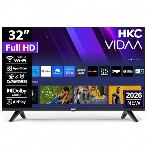 HKC H32N1F-V Smart TV 32 Zoll (80cm) FHD LED Fernseher mit WLAN, Triple Tuner (DVB-T/T2, DVB-C, DVB-S/S2), AirPlay, App Store, HDMI, USB, CI/CI+, Netflix, YouTube und mehr