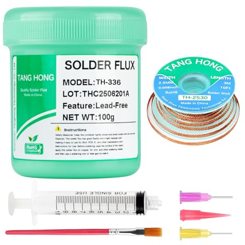 TANG HONG TH-336 Flussmittel Löten,100g No-Clean Bleifreies Kolophonium Flussmittel(1 Stück)2.5MM/3M Entlötlitze(1 Stück) Geeignet Für Handy-Lötungen,BGA,Haushaltsgerätereparaturen