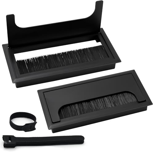 2 Piezas Pasacables de Mesa, Tapa Pasacables Empotrable de ABS en Negro, 80 x 160 mm, con 10 Bridas, Organizador de Cables para Escritorio, Oficina y Hogar