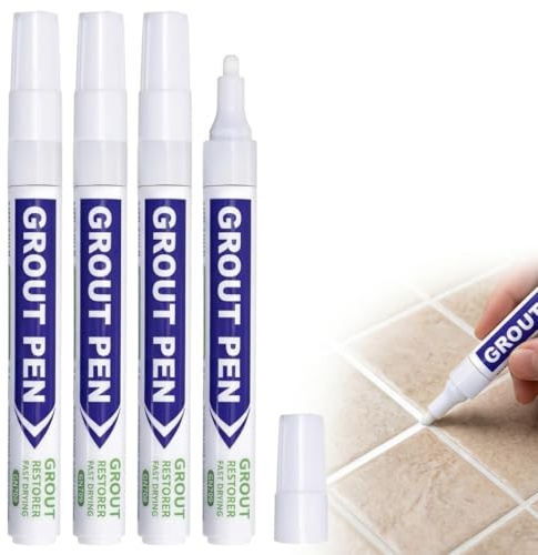 SureFly 4 Pack White Grout Pen, Waterproof Tile Grout Refresher with Fine Tip, Mold-Resistant Paint Marker for Restoring Discoloured Joints in Bathroom, Kitchen and Floor Tiles