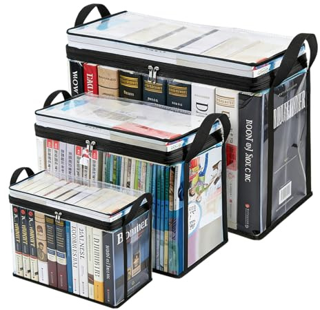 Paquete de 3 cajas de almacenamiento de libros, cajas de almacenamiento resistentes con tapas para libros, organizador de almacenamiento de libros transparente, cajas de almacenamiento plegables para
