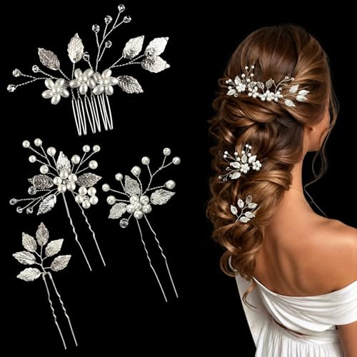 Caelura Haarschmuck Hochzeit Silber, Braut Accessoires 4er Set mit Perlen, Kristall & Blättern, 1 Haarkamm Hochzeit + 3 Haarpins, Brautschmuck Haare für Damen, Kommunion & Konfirmation