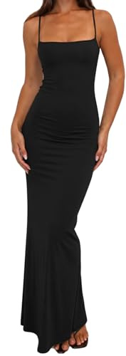 Adooadoo Women's Bodycon Maxi Dress Spaghetti Strap Square Neck Sleeveless Long Dress Summer Elegant Party Casual Dress Y2K Aesthetic Clothes